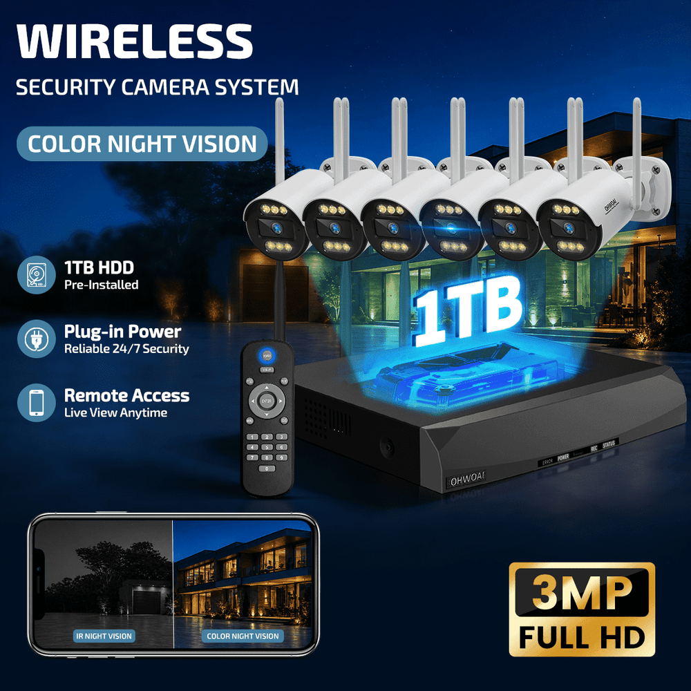 3MP Wireless Security Camera System, 6 Cameras Wifi Indoor Outdoor, AI Detection, No Subscription