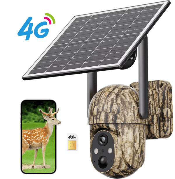 4G LTE Solar Cellular Trail Camera, Game Hunting Wildlife Deer Wireless Camera with 2K Color Night Vision, PIR Motion Detection, 360° PTZ View, Outdoor Security Cam